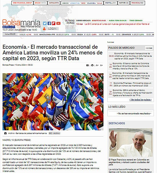 Economa.- El mercado transaccional de Amrica Latina moviliza un 24% menos de capital en 2023, segn TTR Data